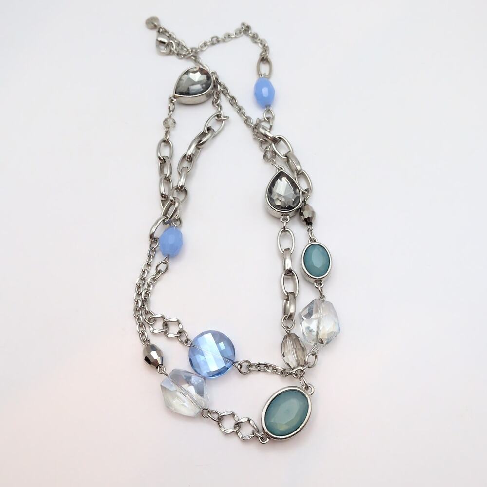 Ann Taylor LOFT Blue Crystal Teardrop Silver Tone Chain Necklace/Belt 33"-36"